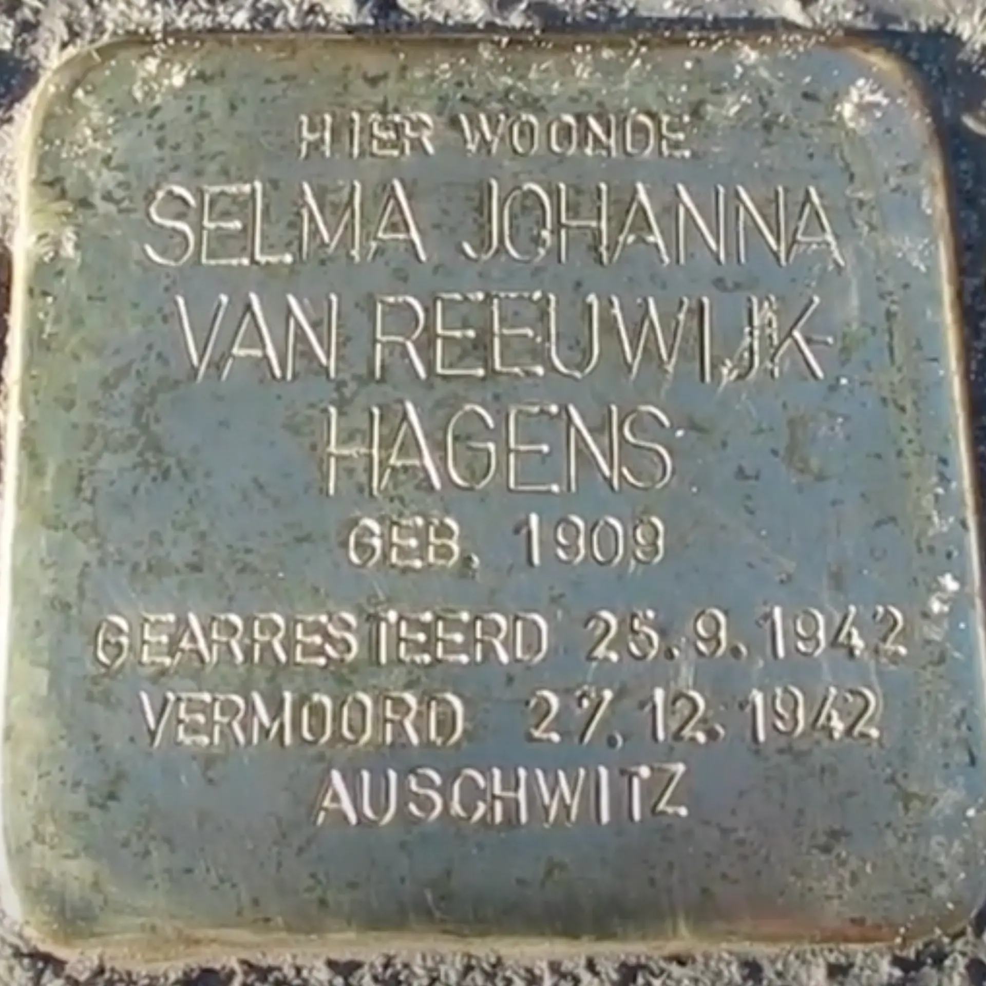 Struikelsteen voor Selma Johanna van Reeuwijk-Hagens