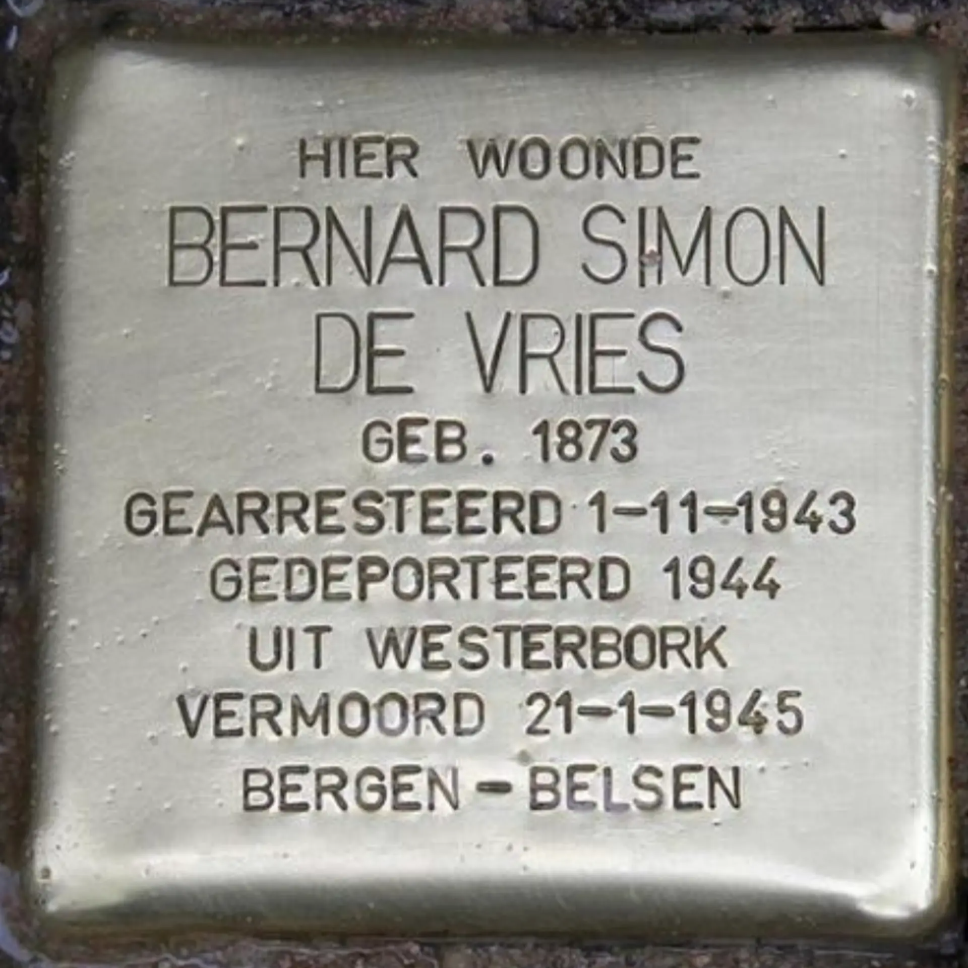 Struikelsteen voor Bernard Simon de Vries