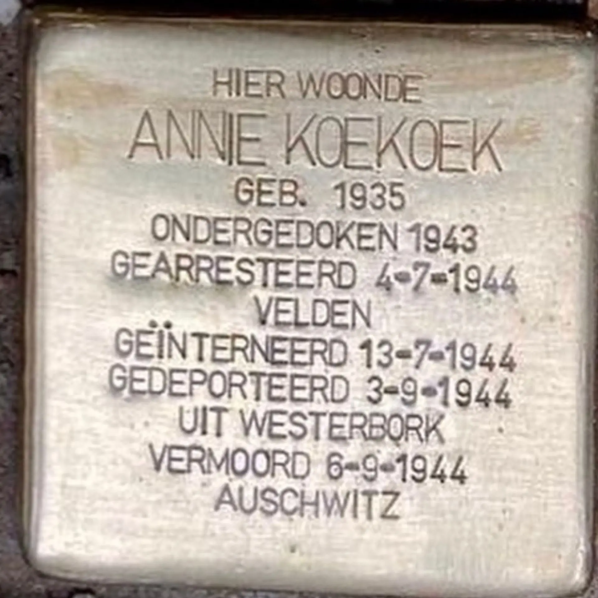 Struikelsteen voor Annie Koekoek