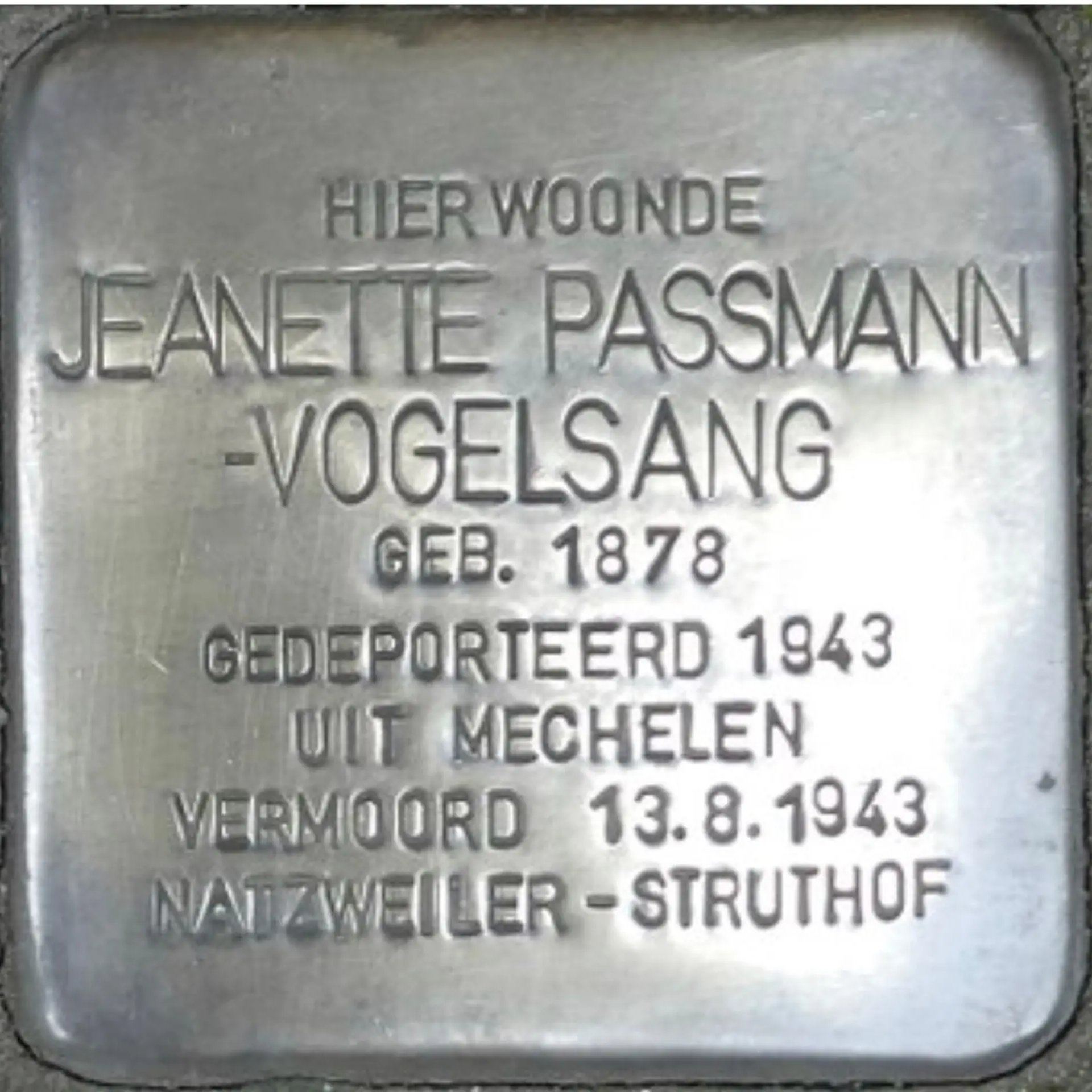 Struikelsteen voor Jeannette Passmann-Vogelsang