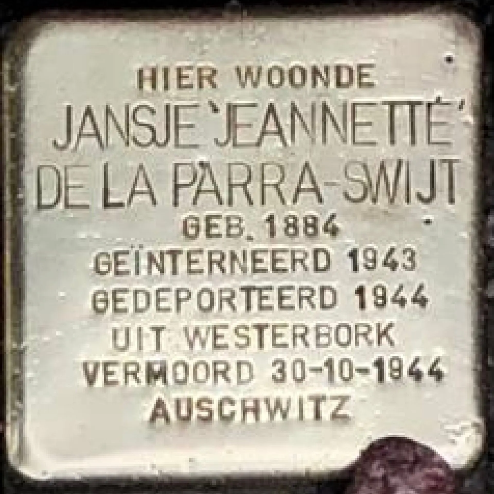 Struikelsteen voor Jansje de la Parra-Swijt