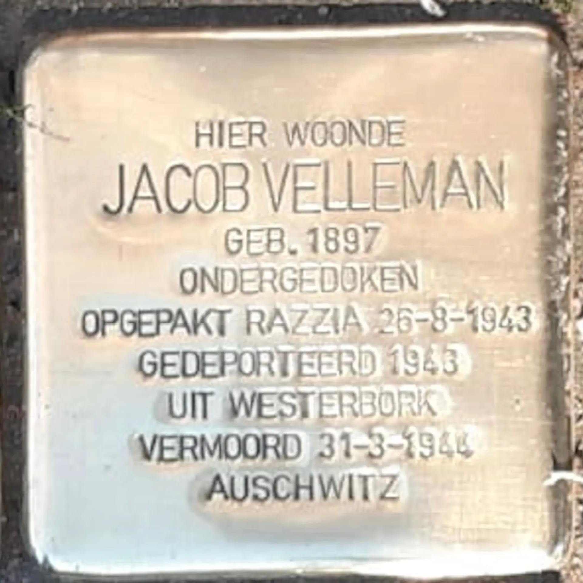 Struikelsteen voor Jacob Velleman