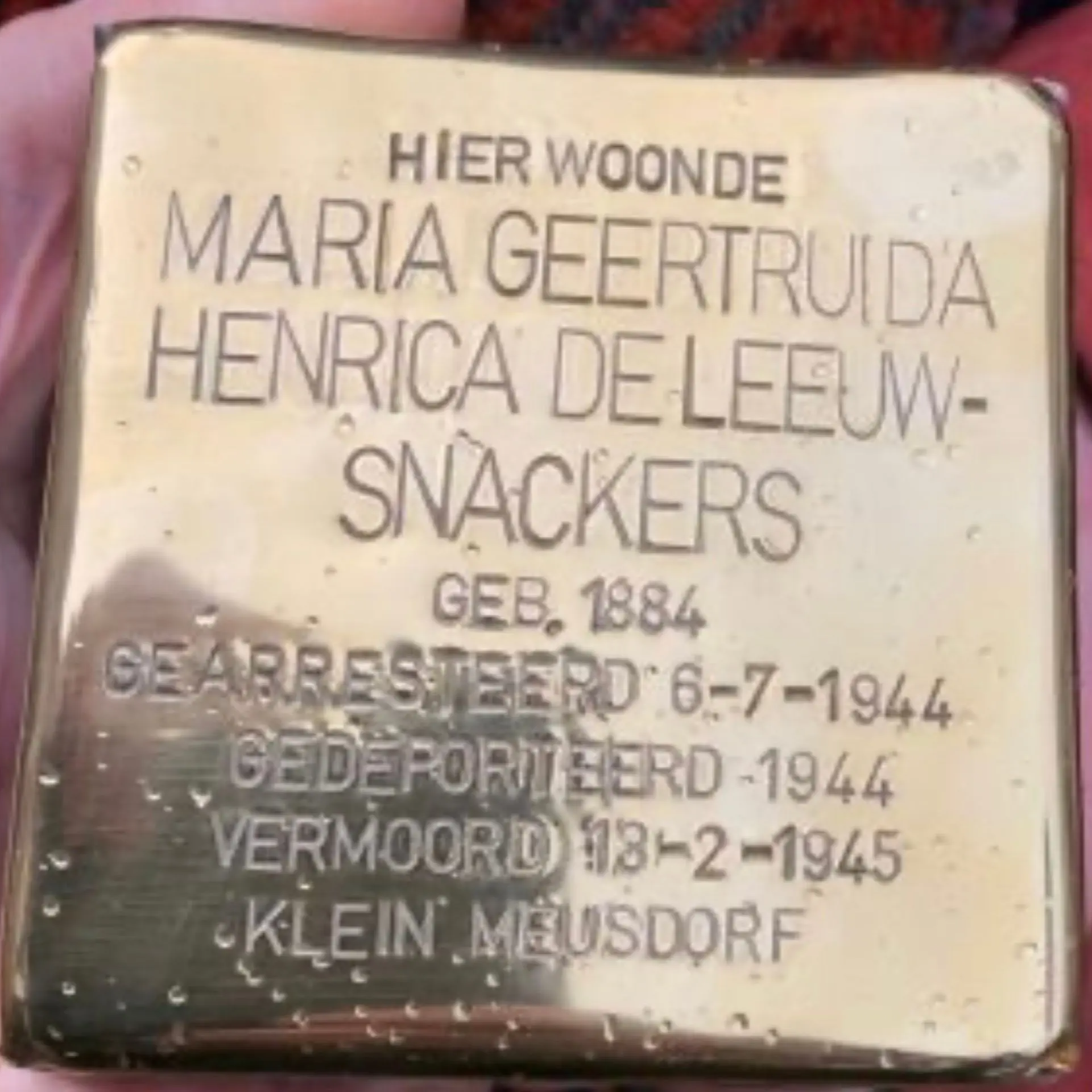 Struikelsteen voor Maria Gertrud Hendrike de Leeuw-Snackers
