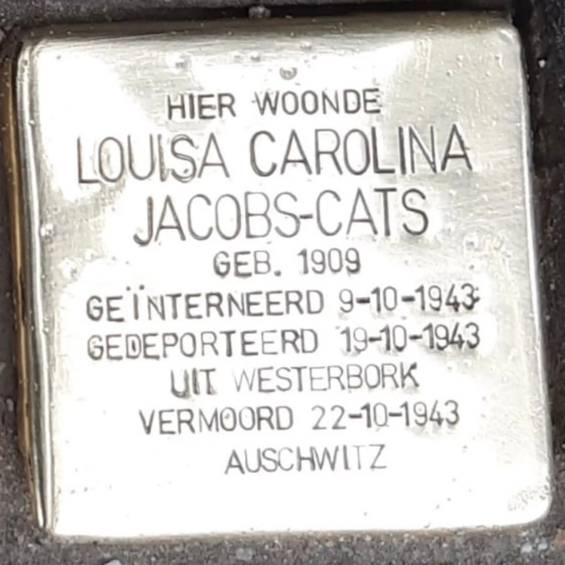 Struikelsteen voor Louisa Carolina Kerstinne Jacobs-Cats