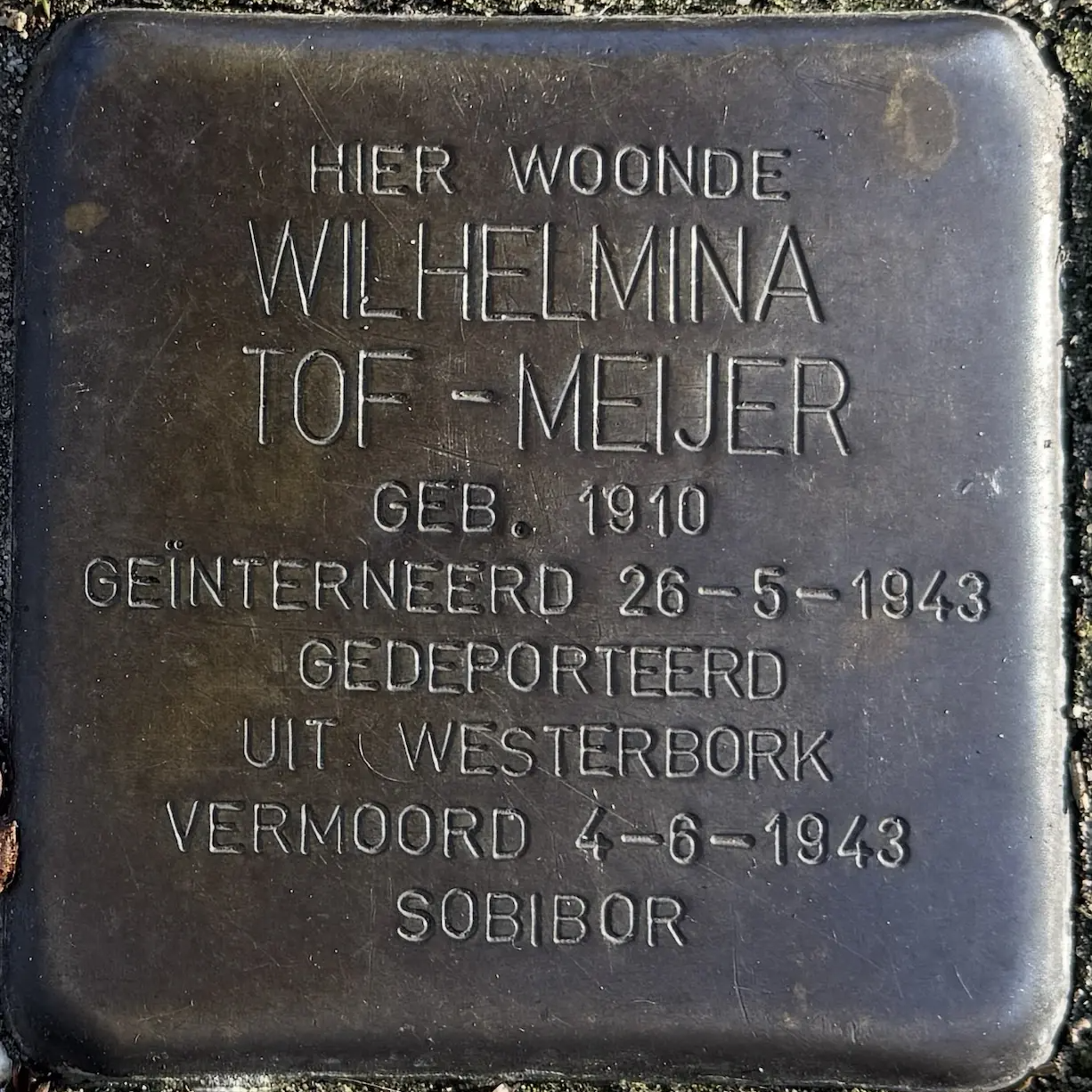 Struikelsteen voor Wilhelmina Tof-Meijer