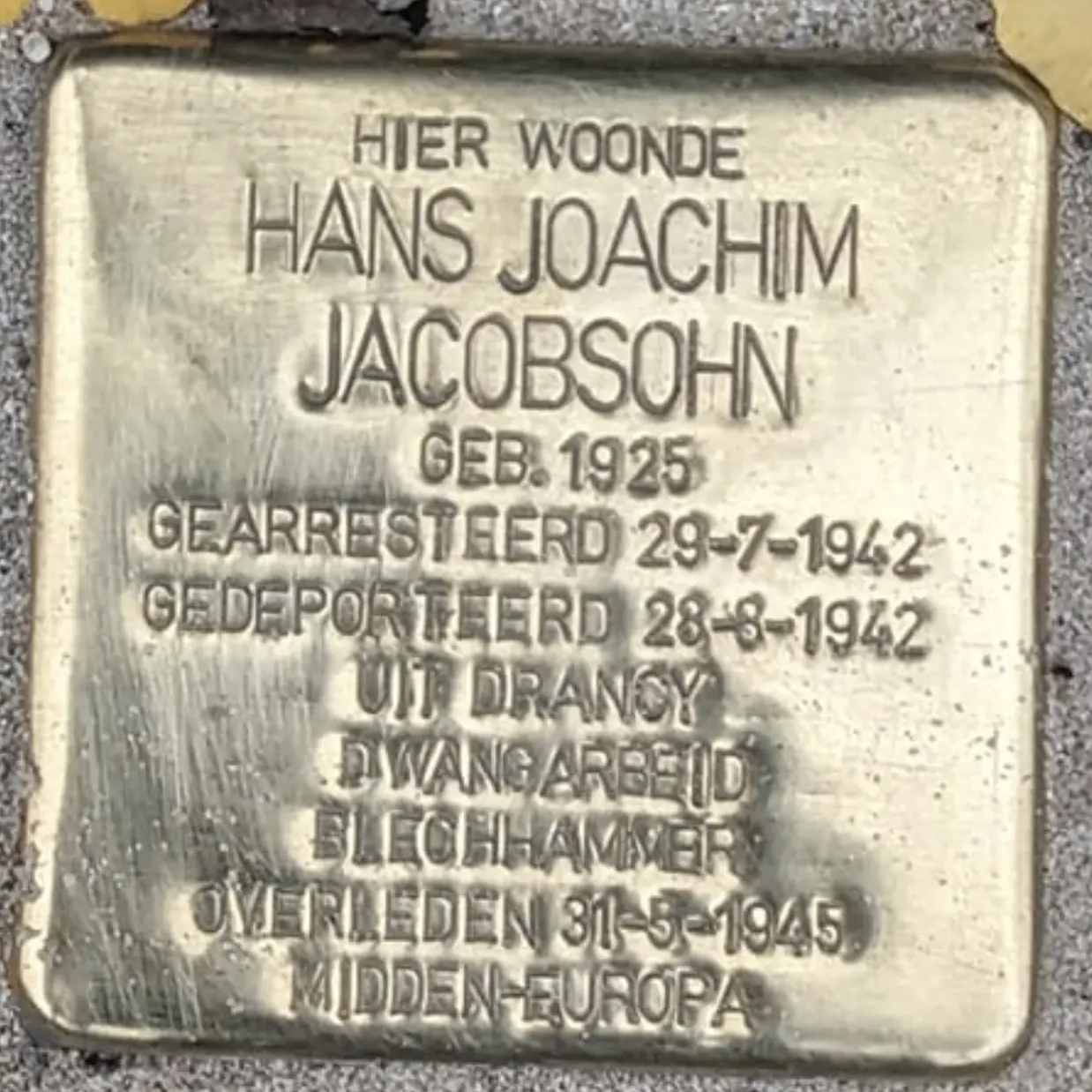 Struikelsteen voor Hans Joachim Jacobsohn
