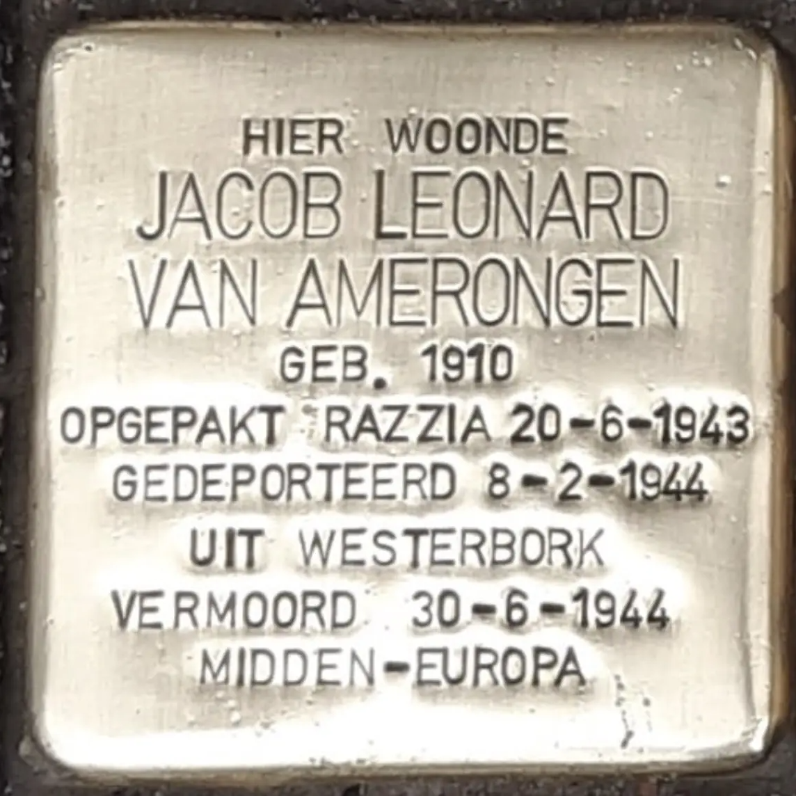Struikelsteen voor Jacob Leonard van Amerongen